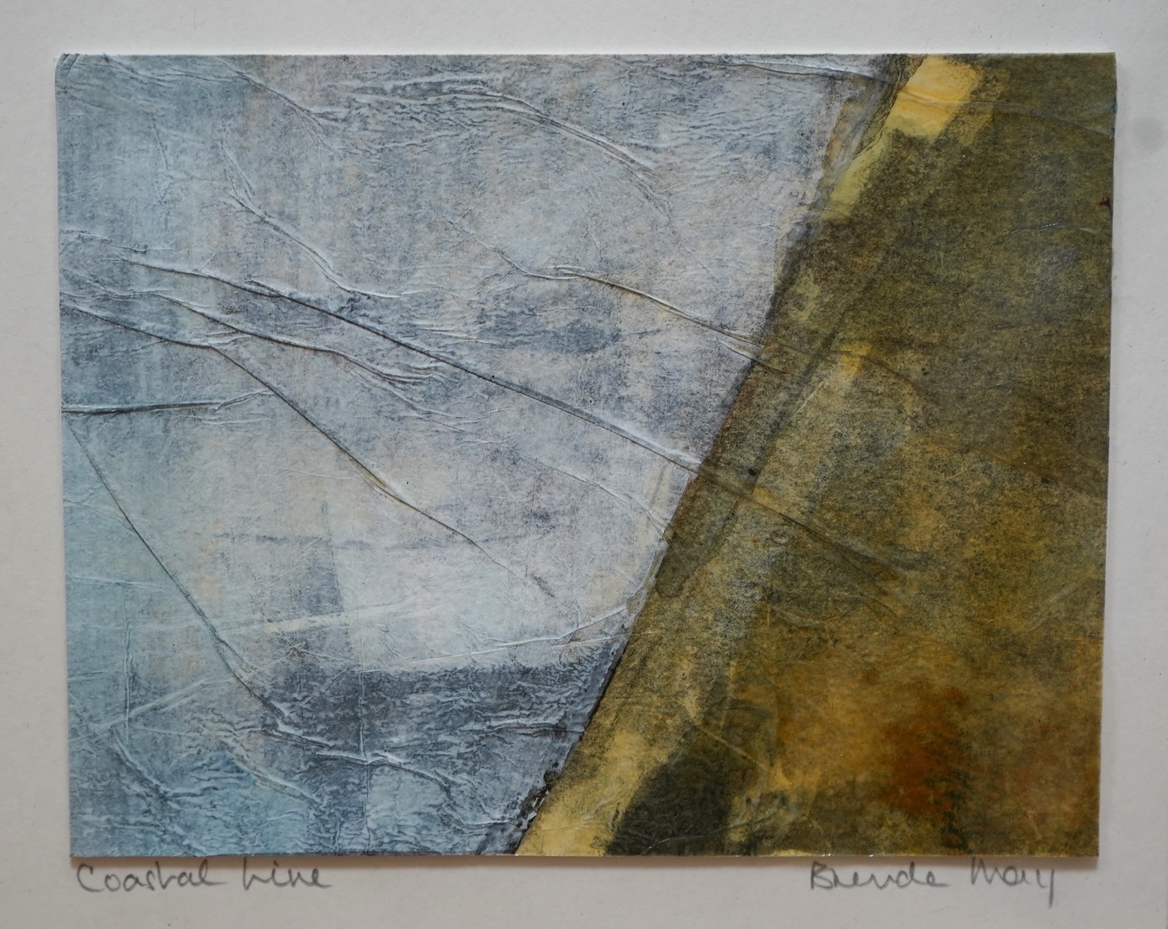 Brenda May (Modern British), a collection of three collages to include ‘On the Edge of Memory’, each signed and a collagraph print titled ‘Coastal Line, signed in pencil, largest 21 x 49cm